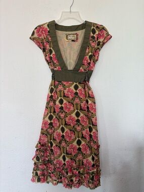 Free People Olive and Pink Floral Midi Dress